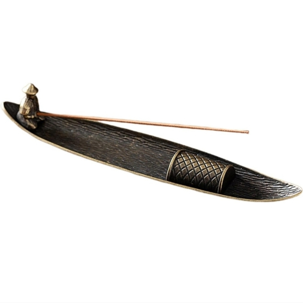 Asian Fisherman Bronze Boat Incense Burner 8.67"
